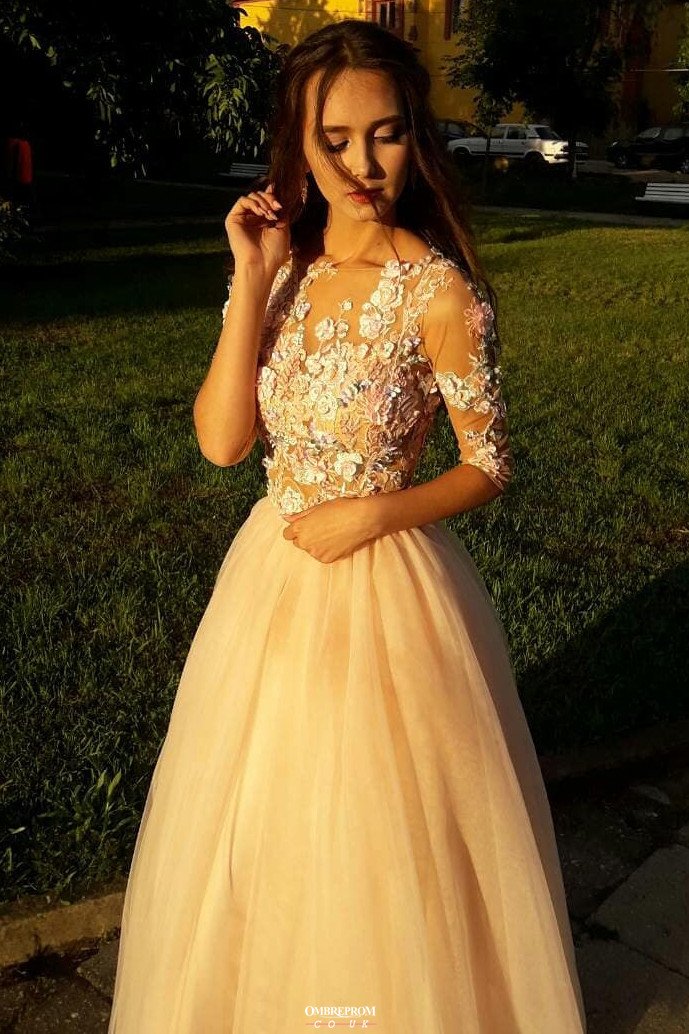 charming floral appliques long prom dresses with 3 4 sleeves