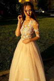 charming floral appliques long prom dresses with 3 4 sleeves