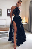 charming halter black lace long prom dress with slit