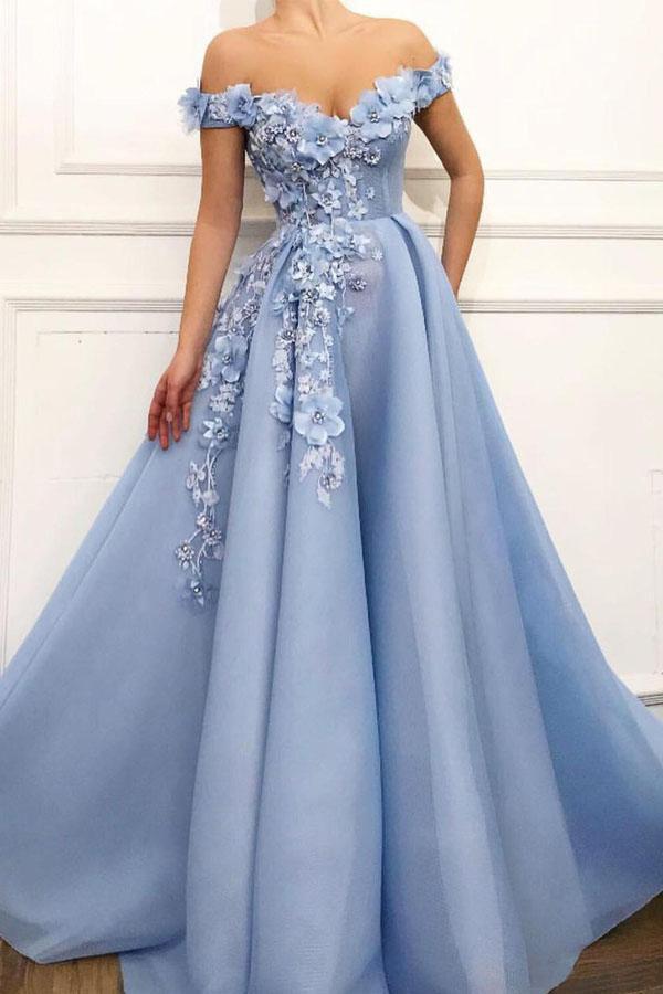 charming off shoulder 3d flower appliques net blue prom dresses