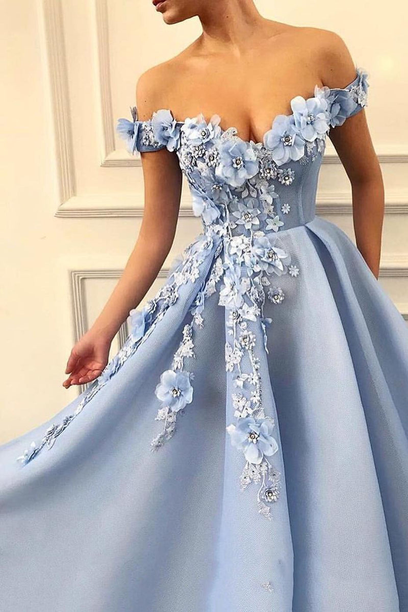 charming off shoulder 3d flower appliques net blue prom dresses