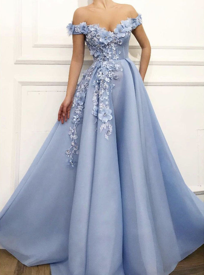 charming off shoulder 3d flower appliques net blue prom dresses