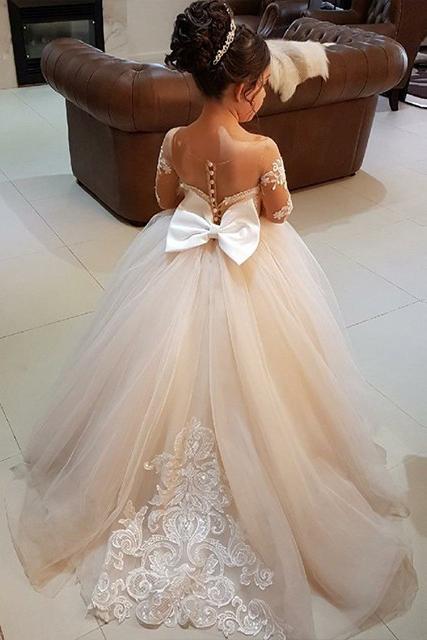 charm princess long sleeves appliqued flower girl dress with bowknot pf121