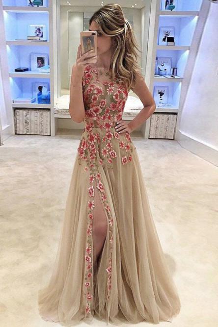 charming round neck split tulle long prom dress with floral appliques