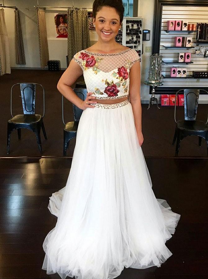 white tulle bateau appliques two piece prom dress with beading