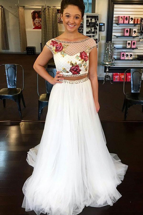 white tulle bateau appliques two piece prom dress with beading
