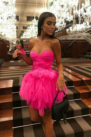 chic hot pink tulle homecoming dress short graduation party dress