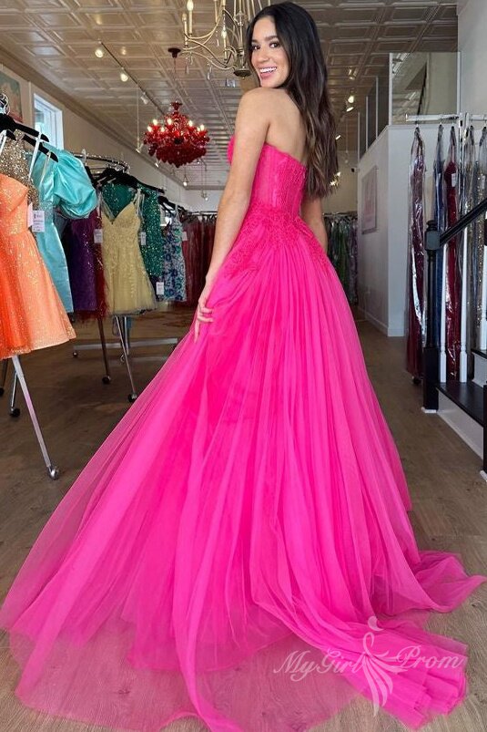 chic hot pink tulle long prom dress sweetheart sleeveless evening dress