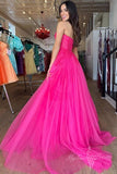 chic hot pink tulle long prom dress sweetheart sleeveless evening dress