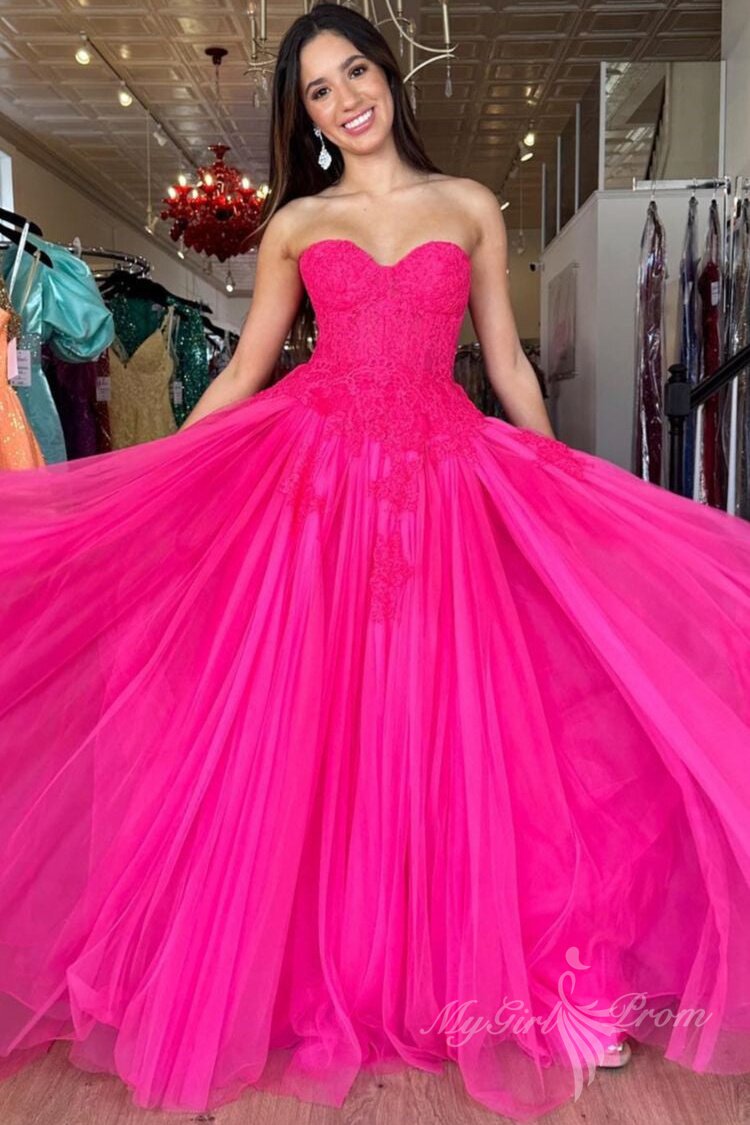 chic hot pink tulle long prom dress sweetheart sleeveless evening dress