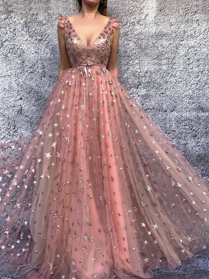 a line pink long prom dresses starry night formal evening dresses
