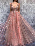 a line pink long prom dresses starry night formal evening dresses