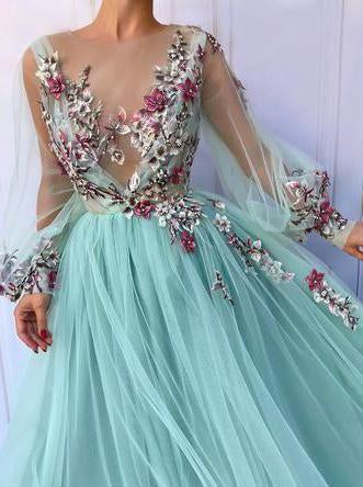 chic princess scoop floral applliques long puff sleeves prom dress
