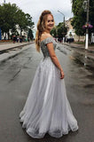 chic sliver beaded off the shoulder long prom dress v neck tulle gradution gown