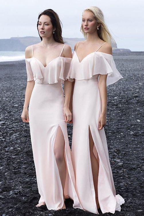 chiffon off shoulder spaghetti straps drop sleeves boho bridesmaid dresses