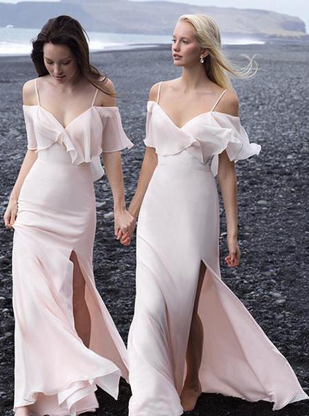chiffon off shoulder spaghetti straps drop sleeves boho bridesmaid dresses