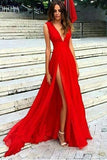 A-line V-neck Chiffon Red Long Prom Dress, Red Evening Dress With Split MP945