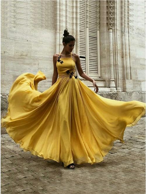 chiffon yellow long prom dress a line halter with butterfly appliques