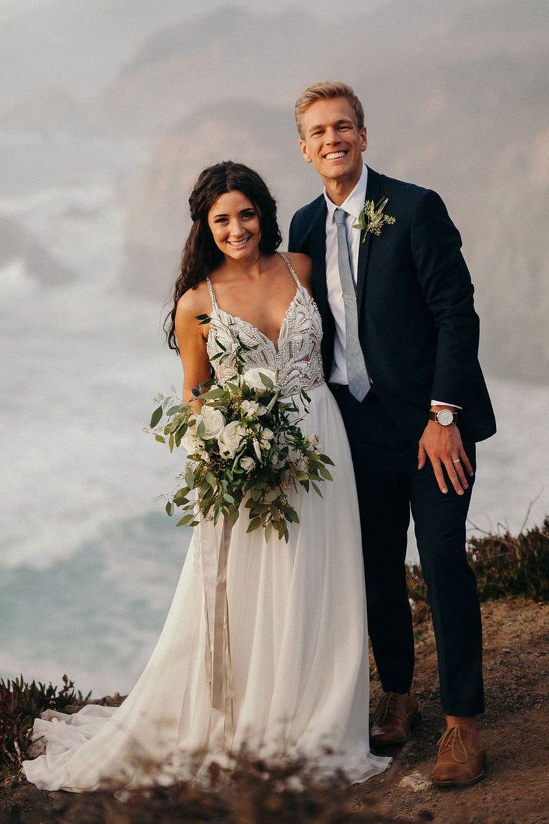 classic spaghetti beaded chiffon ivory country wedding gown