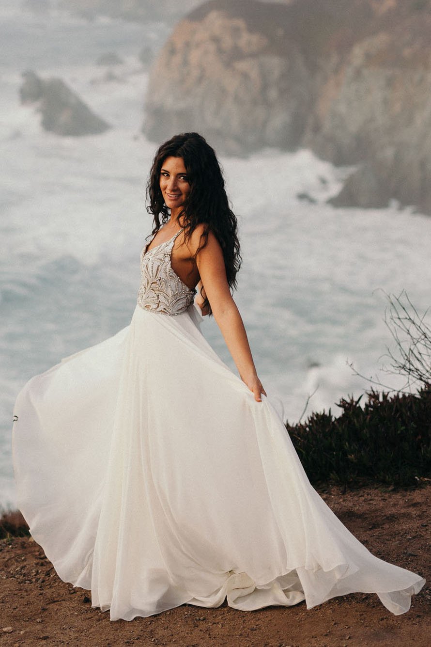 classic spaghetti beaded chiffon ivory country wedding gown