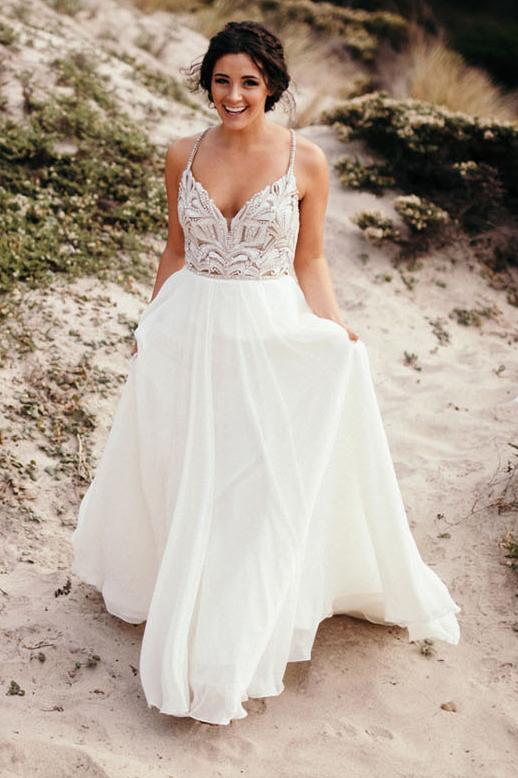 classic spaghetti beaded chiffon ivory country wedding gown