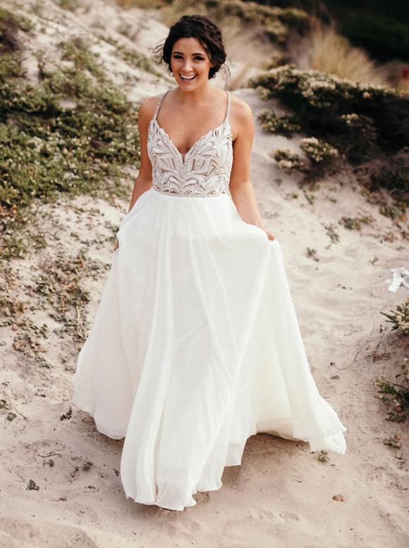 classic spaghetti beaded chiffon ivory country wedding gown