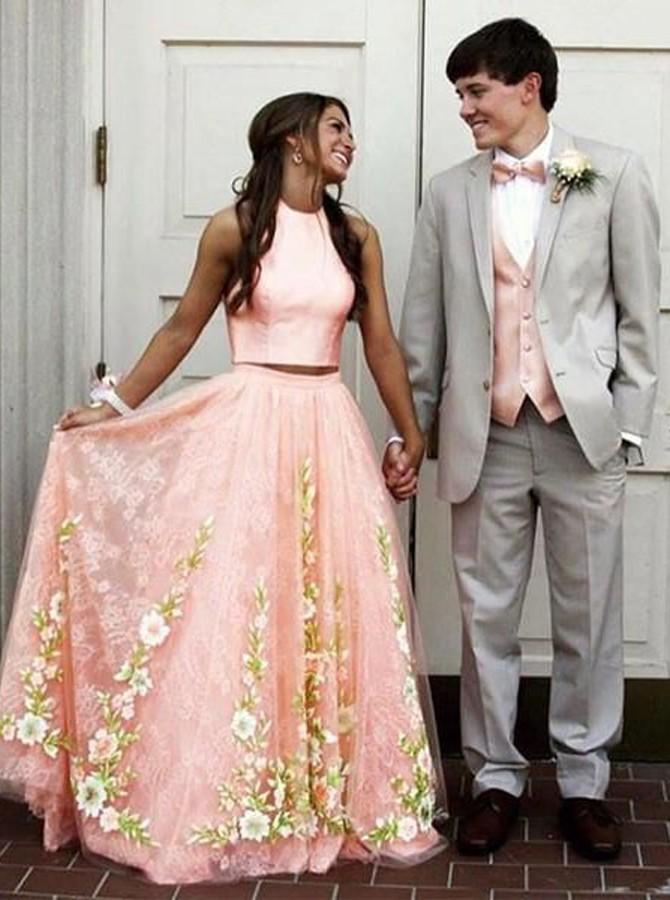 halter sleeveless two piece floral long prom dresses