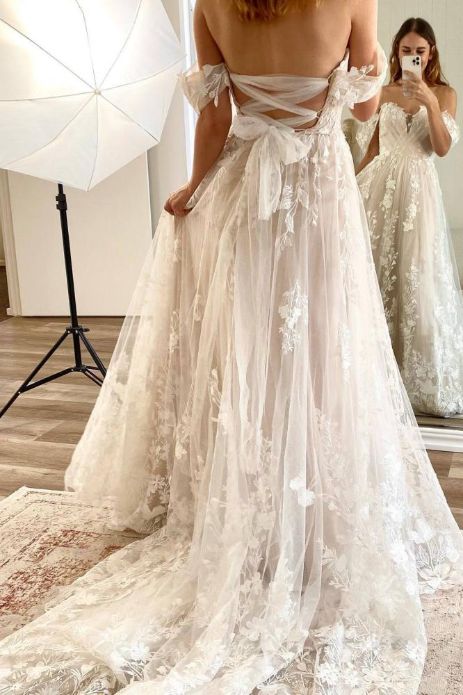 a line tulle appliques lace backless criss cross back boho wedding dress