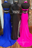 cross front beaded fringe hot pink long prom evening dresses with slit