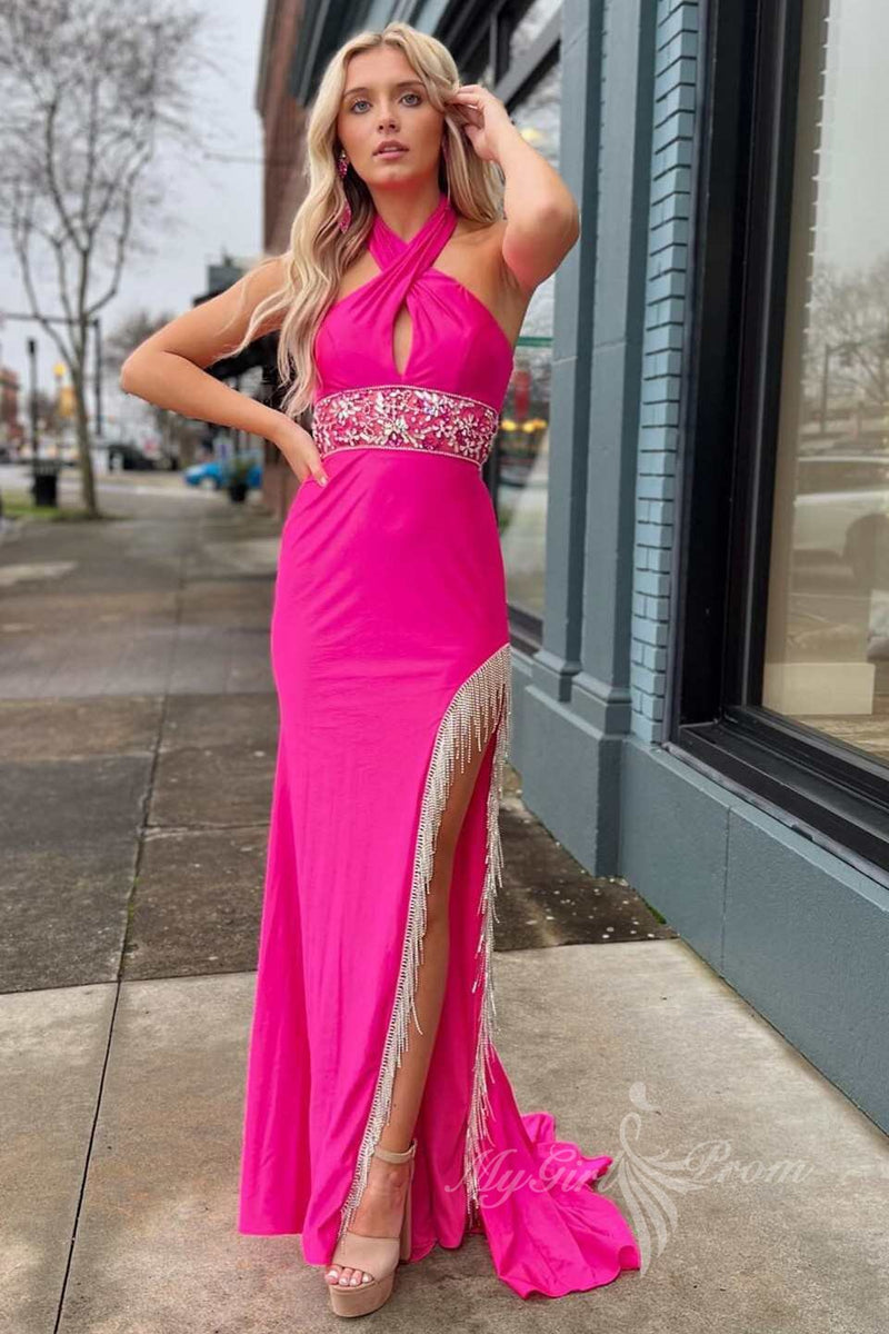 cross front beaded fringe hot pink long prom evening dresses with slit