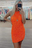 cross neck hot pink sequin homecoming graduation dresses tight party dress