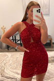 cross neck hot pink sequin homecoming graduation dresses tight party dress