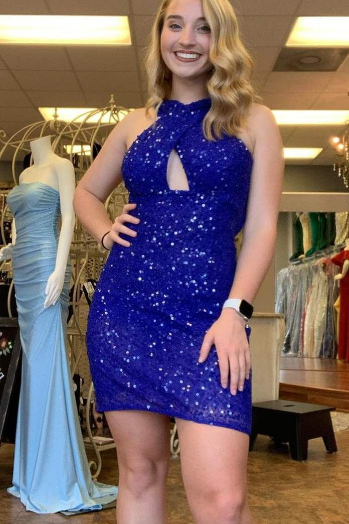 cross neck hot pink sequin homecoming graduation dresses tight party dress