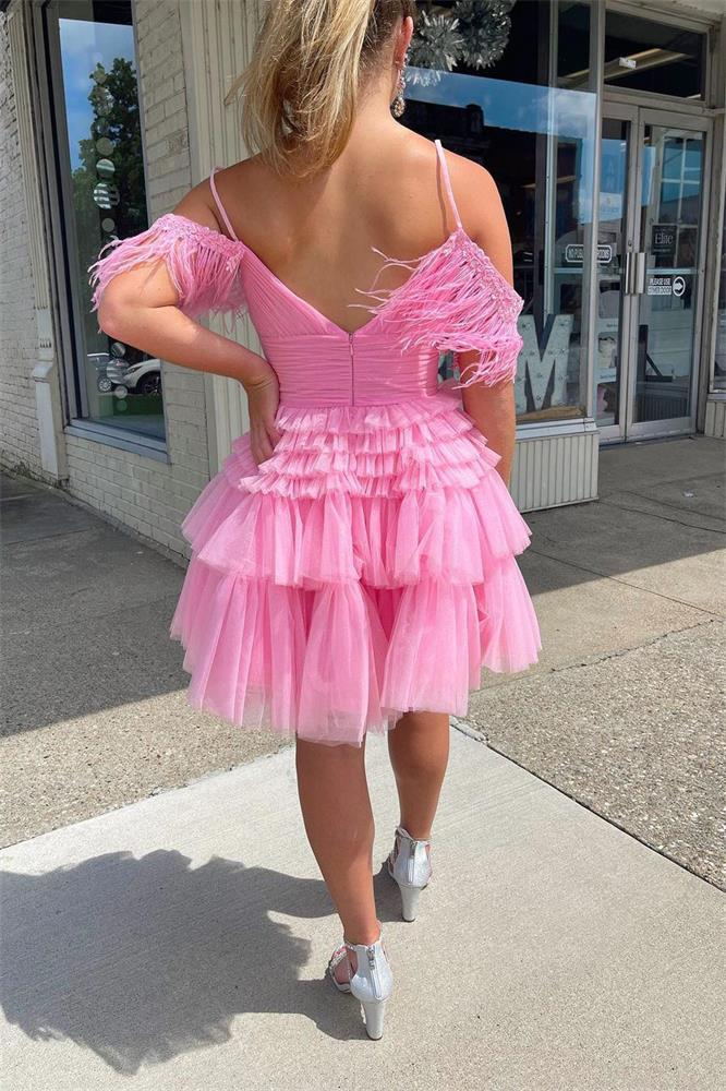 cute a line scoop neck pink tulle homecoming dresses with feather sleeves