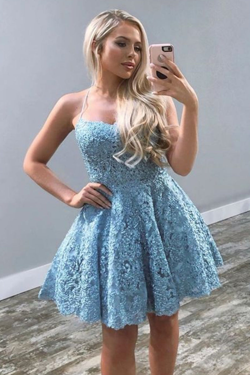 backless blue lace short homecoming dresses blue lace graduation dresses