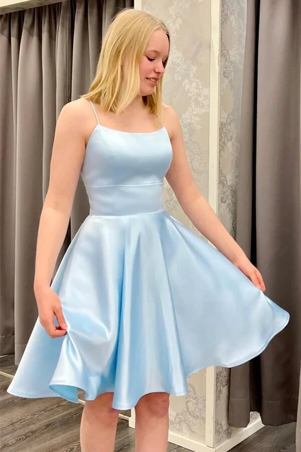 simple light blue satin homecoming dresses lace up short prom dress