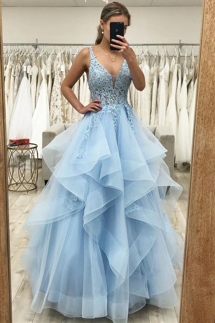 blue lace a line ruffles tulle long prom dress princess sweet 16 dress