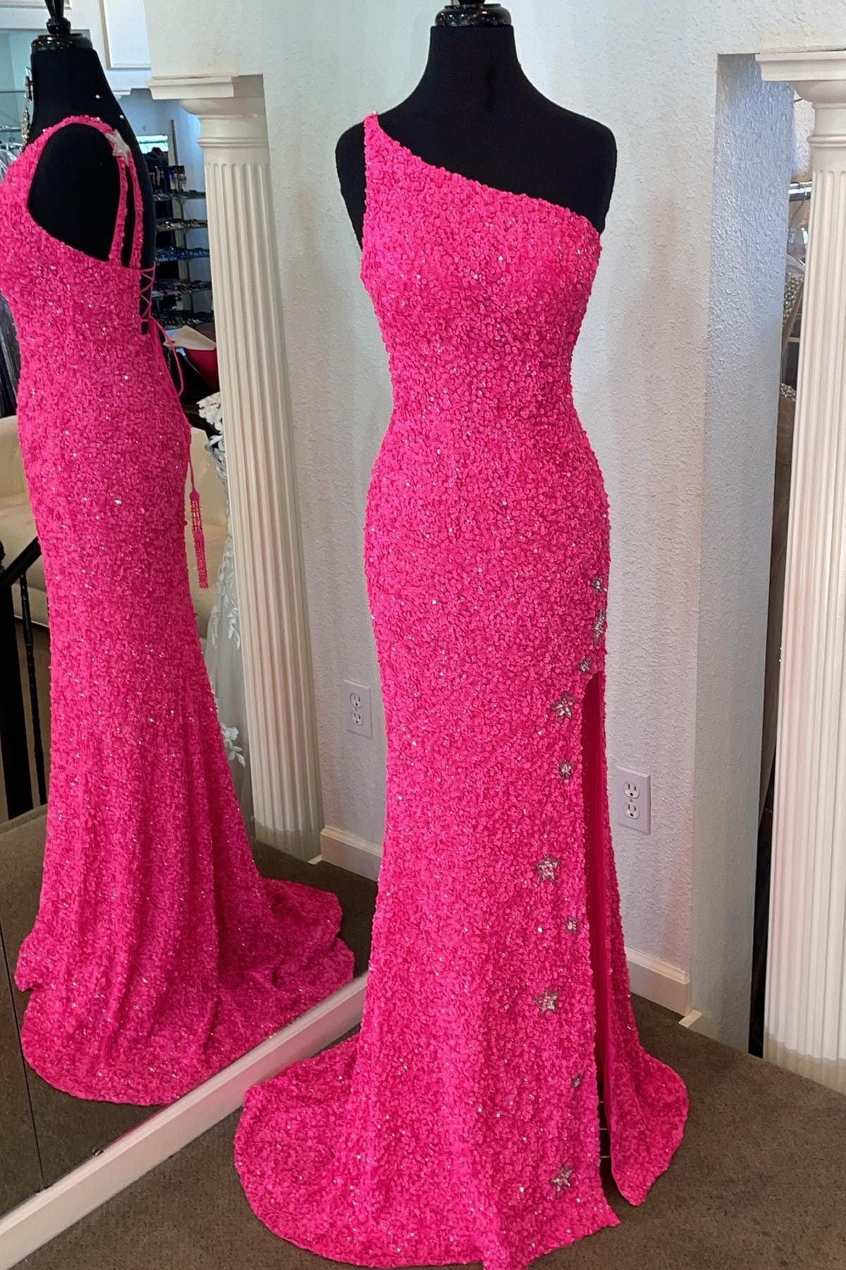 one shoulder sparkly mermaid sequins formal dresses with stars