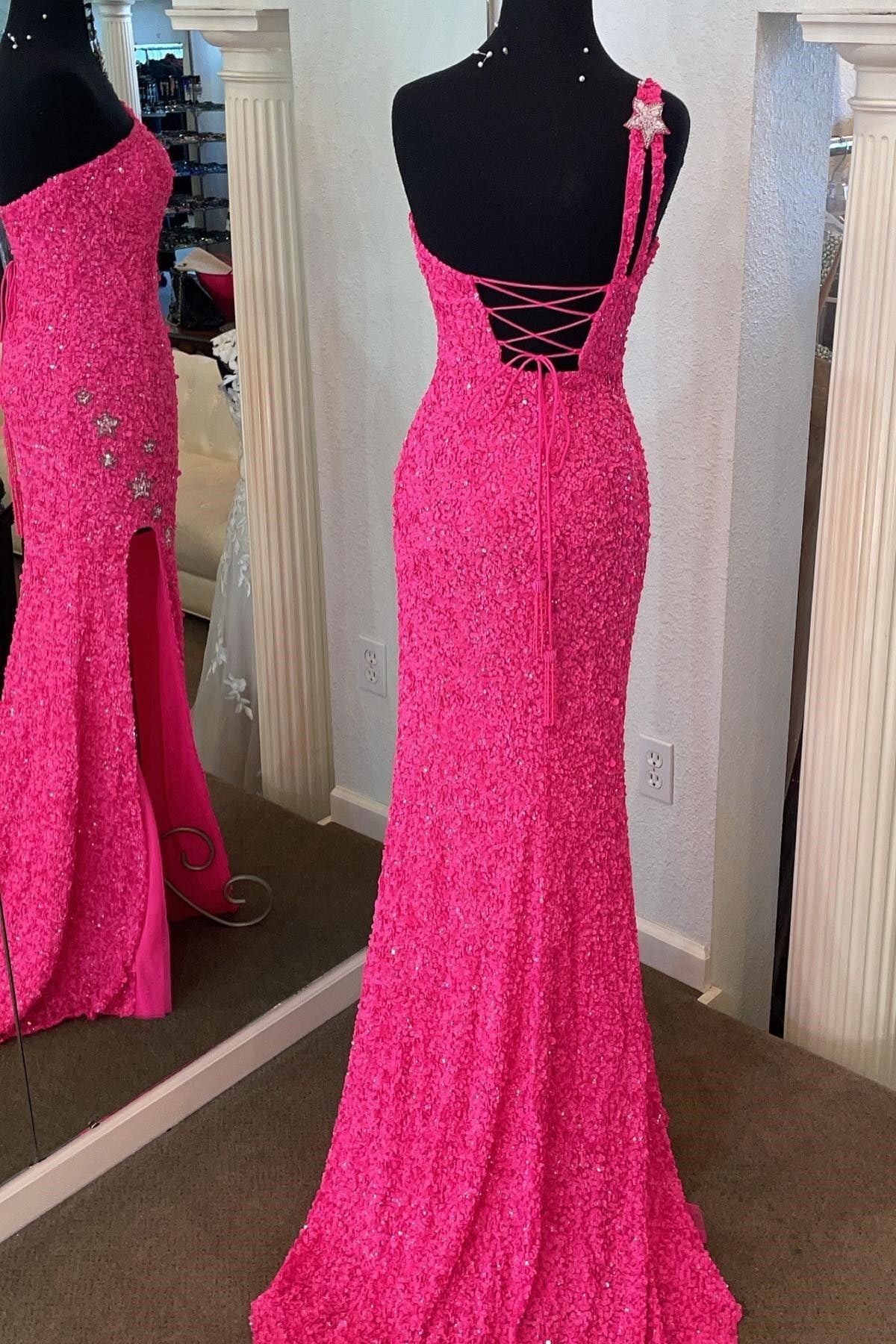 one shoulder sparkly mermaid sequins formal dresses with stars