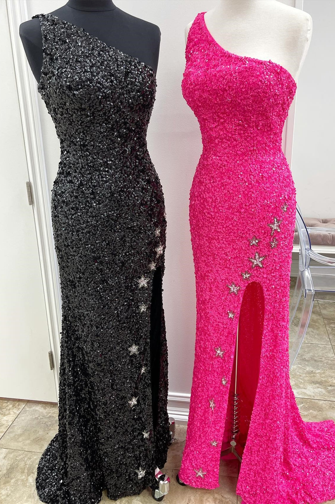 one shoulder sparkly mermaid sequins formal dresses with stars