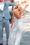 silver sequin mermaid long prom dresses backless evening gown