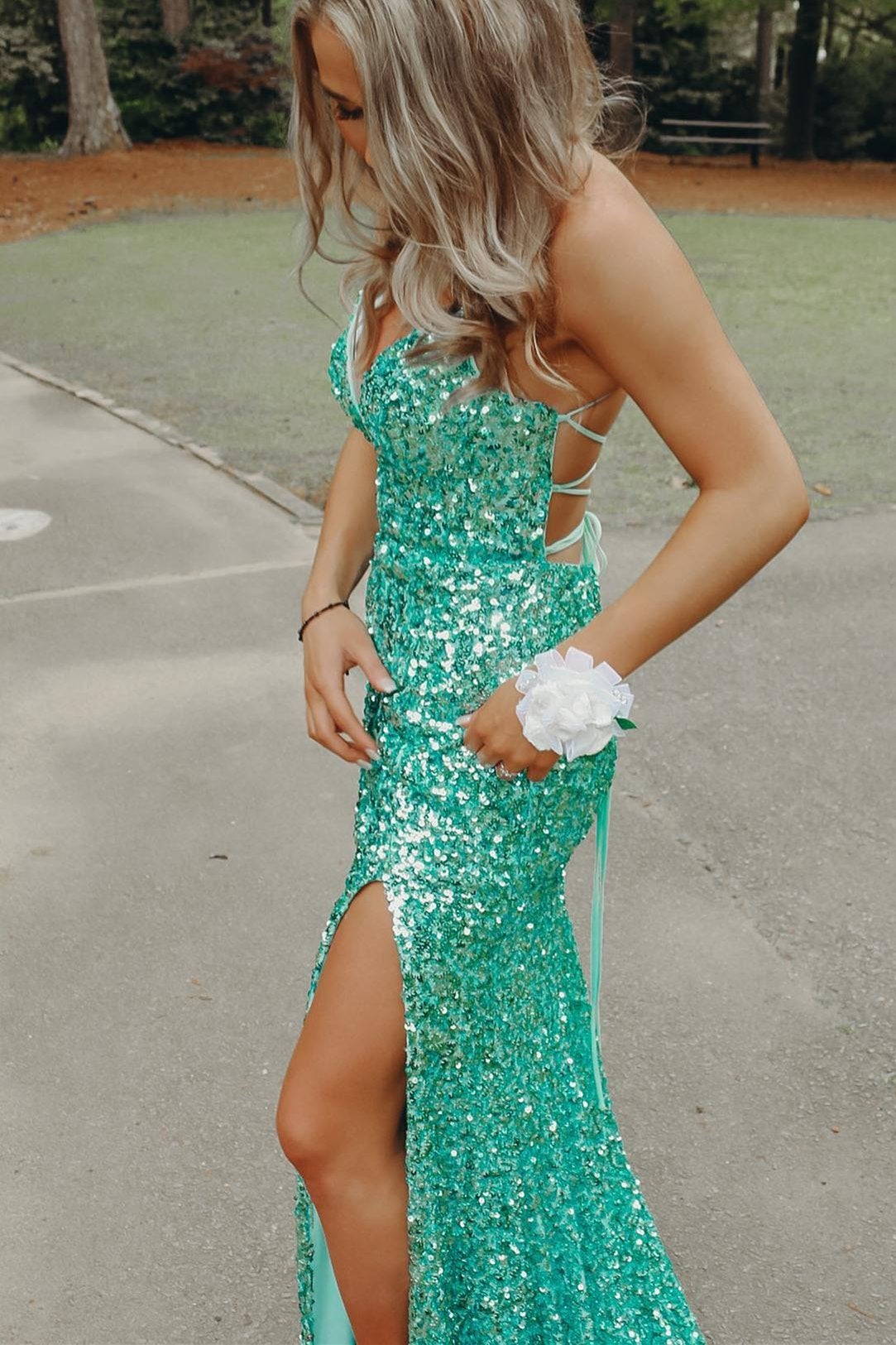 silver sequin mermaid long prom dresses backless evening gown