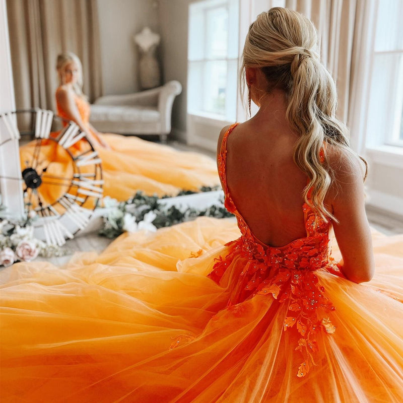 stunning appliques v neck a line orange tulle long prom dresses