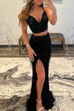 Two Piece Black Sequin Mermaid Tassel Long Prom Evening Gown GP250