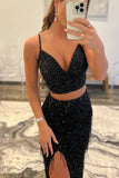 two piece black sequin mermaid tassel long prom evening gown