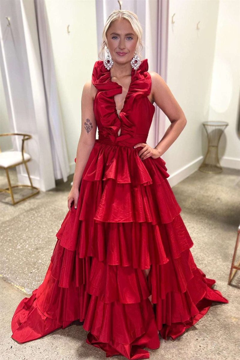 unique ruffles halter red tiered satin pleated long prom dresses