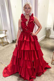 Unique Ruffles Halter Red Tiered Satin Pleated Long Prom Dresses GP568