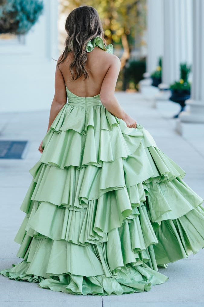 unique ruffles halter red tiered satin pleated long prom dresses