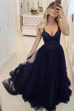 Dark Royal Blue Tulle Long Prom Dresses, Formal Party Dress With Beading MG289