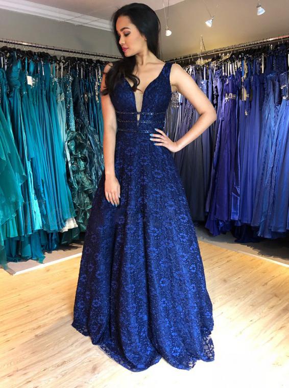 a line v neck beading dark blue lace backless long prom dress